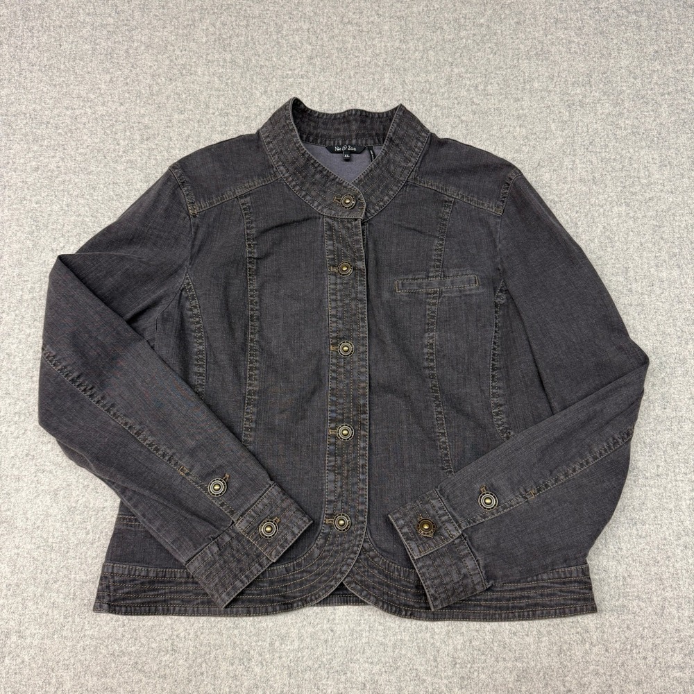 Nic + Zoe Denim Jacket XL Gray Stretch Mock Neck Button Front Utility Coat 2789
